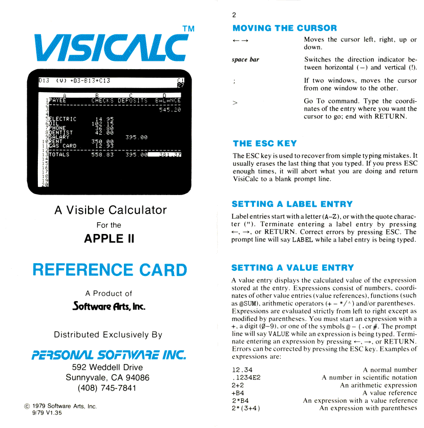 VisiCalc refcard panels 1 and 2